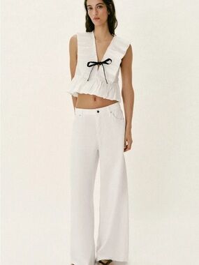 Zara White Ruffled Tie-Front Top Black Bow Coquette Size Small